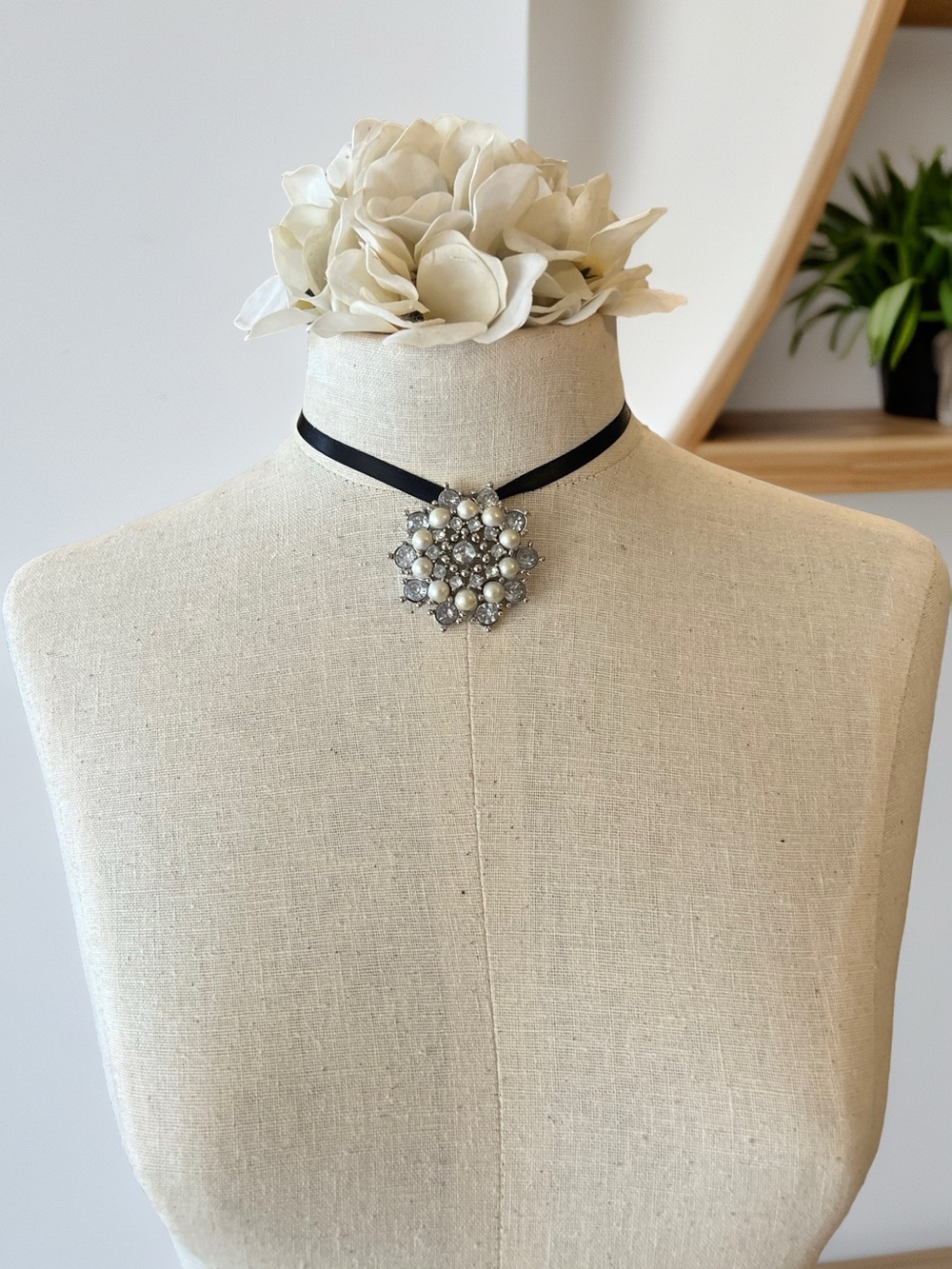 Vintage 80s Pearl and Crystal Black Ribbon Choker